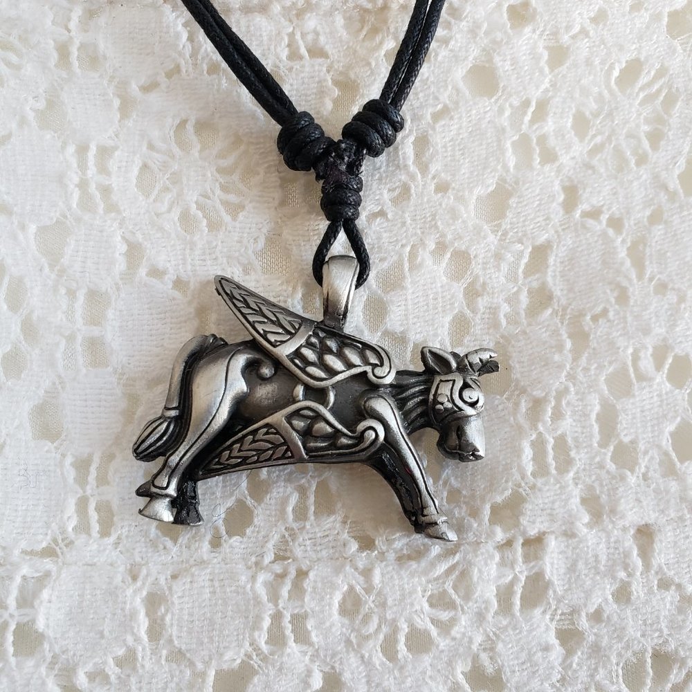 CELTIC SPIRIT Irish pewter Celtic Ox Cow corded necklace. 18" - 36" adjustable